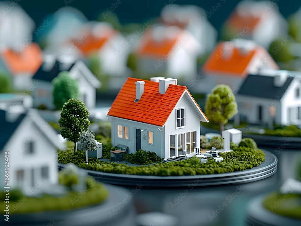 Poster a cluster of small scale white model houses representing properties in a residential development wit