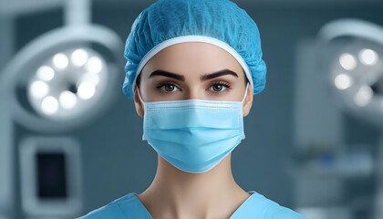 Confident female surgeon in scrubs and mask, in operating room