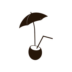 black and white vector silhouette of a coconut drink placed next to sunglasses and a beach hat on a white background