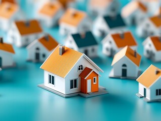 A cluster of small scale white model homes representing the property market with one orange house prominently positioned in the center conveying the concept of a highlighted