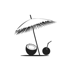 minimalistic black and white vector illustration of a coconut with tropical leaves and flowers on a clean white background