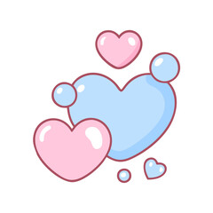 A cartoon drawing of four hearts, two pink and two blue, with a white background. The hearts are arranged in a way that they appear to be hugging each other. Scene is one of love and affection