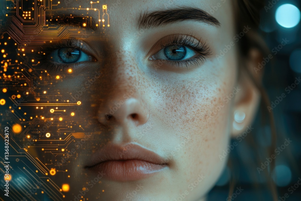 Aufkleber a woman's face merges with a circuit board, symbolizing ai and technology's integration with humanit