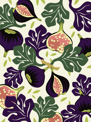 Seamless vector pattern with whole and sliced figs, fig leaves and abstract elements in a modern flat style. Ideal for textile, kitchen decor and packaging.
