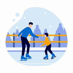 A man and a boy are skating on a frozen lake. The man is helping the boy learn how to skate