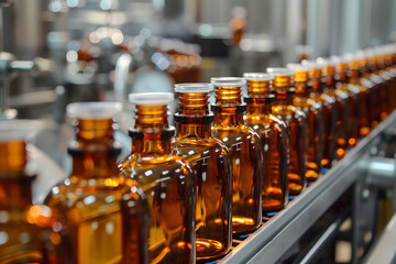Pharmaceutical production line with amber bottles