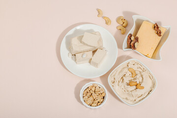 Set of assorted homemade vegan nuts cheese. Healthy lactose free food. Plant based diet