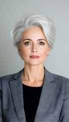 Confident mature woman with short, stylish silver hair in a gray blazer