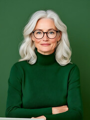Confident mature woman with silver hair, wearing glasses and a green turtleneck, arms crossed