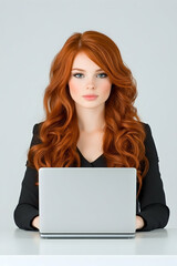Confident redhead woman working on laptop