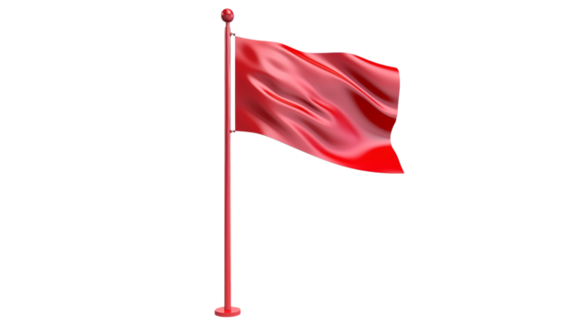 A red flag waving on a pole against a black background