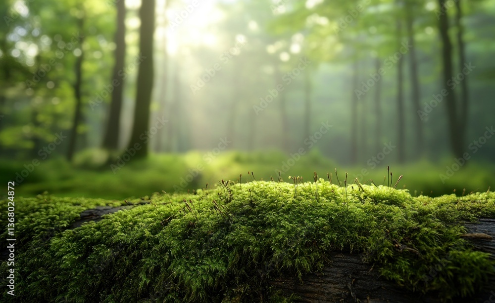 Poster mossy log in forest with sunlight filtering through the trees