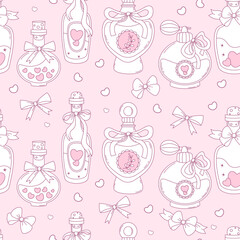 Outline Vintage Seamless Pattern. Coquette Magic Bottle with cork and Perfume with Ribbon Bow on Pink Background. Romantic Girly Vibe. Trendy aesthetic template. Vector illustration. Line drawing