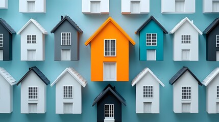 Fototapeta premium A digital showcasing a collection of understated white contemporary houses with a standout vibrant orange home at the center highlighting a real estate or property development theme