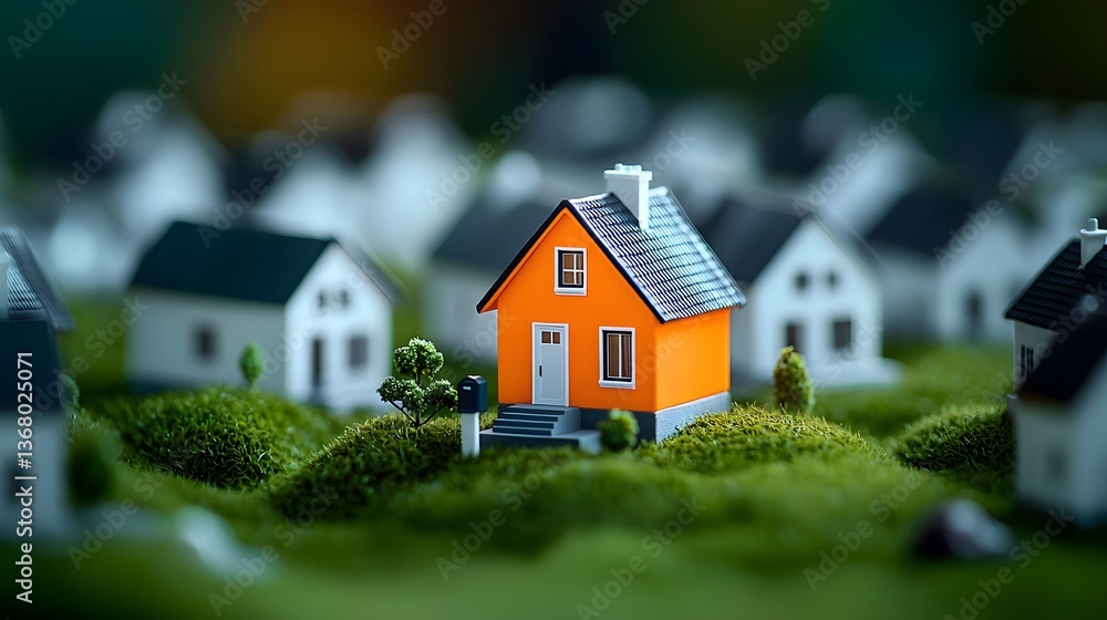 Poster a group of miniature white model homes representing a residential community with a single orange hou