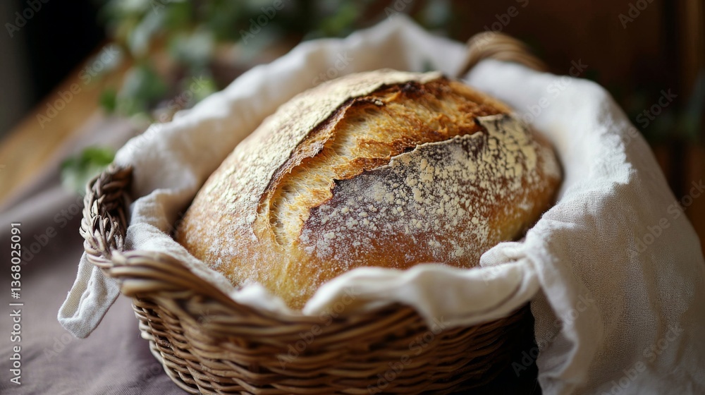 Poster a charming image of a loaf of bread with a crispy crust sitting in a bread basket lined with a linen