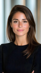 Confident woman in black top, subtle smile, shoulder-length brown hair