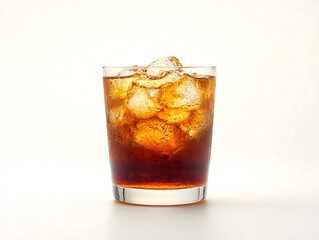 A refreshing glass of iced cola sits on a white background, inviting you to take a sip.