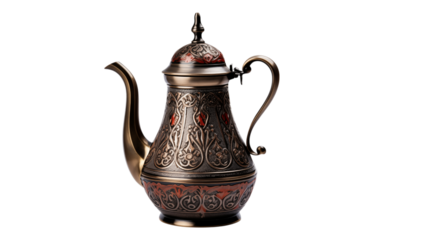 Ornate metal teapot with red accents on a black background