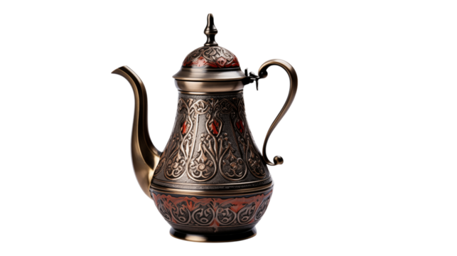 Ornate metal teapot with red accents on a black background
