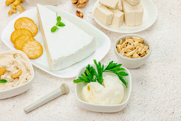 Homemade vegan cashew cheese. Raw healthy sauce in a bowl, lactose free food. Bio organic product