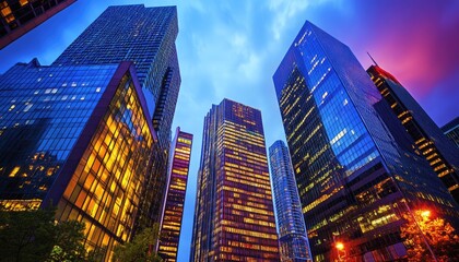 Obraz premium Skyscrapers Towering Upwards With Blue Skies And Colorful Lights