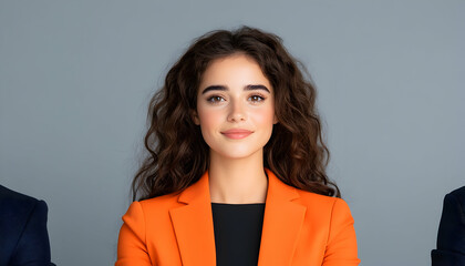 Confident young woman in orange blazer, neutral background