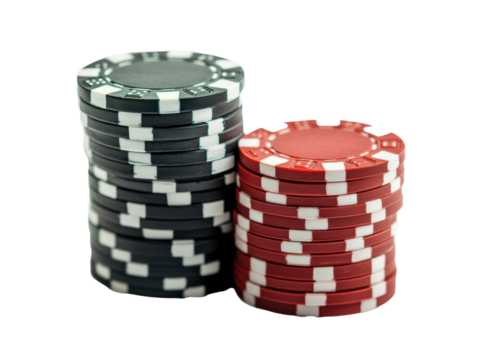 Colorful poker chips stacked for exciting card games on a transparent background, cut out