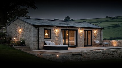 Fototapeta premium Stone cottage at dusk, patio, hillside view