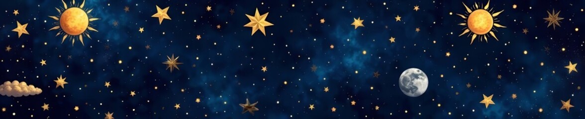 Fototapeta premium Celestial-themed seamless pattern with golden stars, sun, and silver moon , moon, celestial, seamless