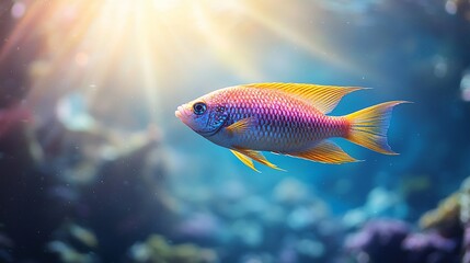 Fototapeta premium Vibrant fish swims in sunlit coral reef aquarium