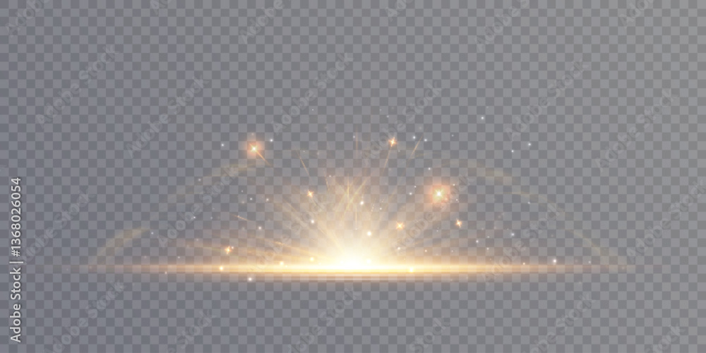 Poster a translucent light effect with soft golden rays radiating upwards from a central flash. the element