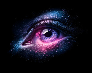 Cosmic eye with vibrant purple, pink, and blue glitter