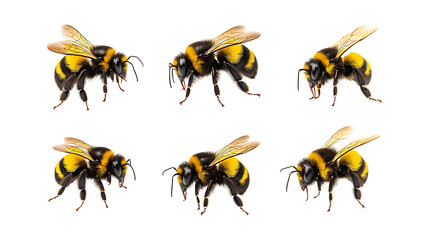 Pack Buzzy Bee set in Different Poses Against Transparent Background for Nature Illustrations, Honeybee Art, or Pollination-Themed Designs