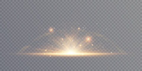 A translucent light effect with soft golden rays radiating upwards from a central flash. The element is isolated on a transparent background, suitable for use in design, editing and visual effects.