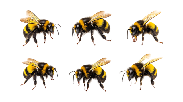 Pack Buzzy Bee set in Different Poses Against Transparent Background for Nature Illustrations, Honeybee Art, or Pollination-Themed Designs