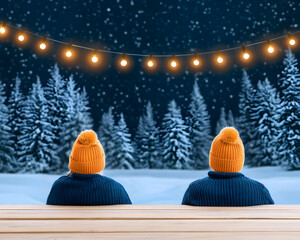 Couple gazing at a snowy night scene, illuminated by fairy lights