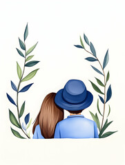 Couple embracing, viewed from behind, framed by foliage