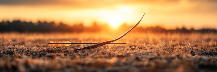Fototapeta premium Arrow rests in field at sunset. Golden hour light