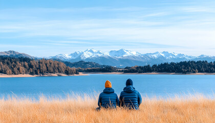 Couple sits on grassy hill overlooking serene lake and snow-capped mountains