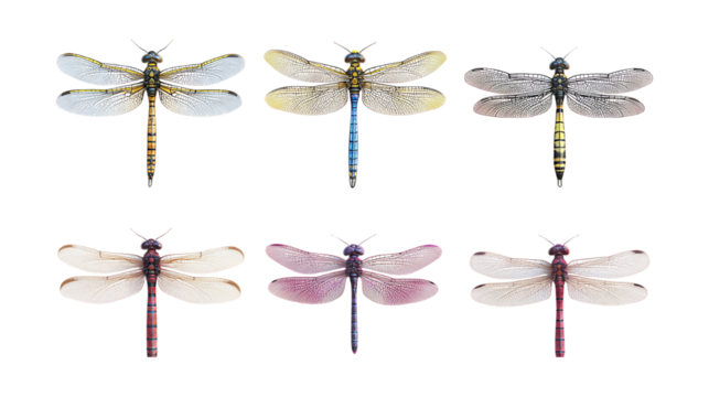Pack Dandy Dragonfly set in Different Poses Against Transparent Background for Nature Illustrations, Insect Art, or Wildlife Designs
