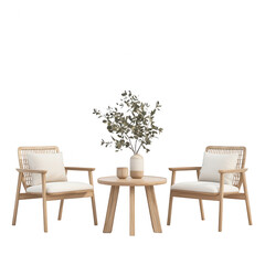 Stylish home interior featuring two modern armchairs and a round table with decorative plant. Ideal for relaxation and social gatherings in minimalist spaces.