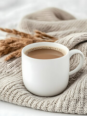 Cozy autumn scene  a warm beverage in a white mug nestled on a knit sweater with dried flowers