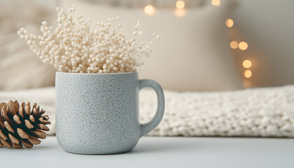 Cozy autumn scene  grey mug holds creamy white branches, beside a pine cone, on a knitted throw