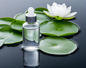 Clear glass bottle of serum rests on lily pads with a blooming water lily
