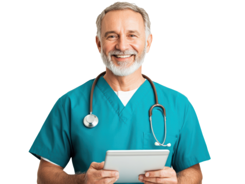 Smiling male doctor holding tablet in medical scrubs for healthcare on a transparent background, cut out - Powered by Adobe