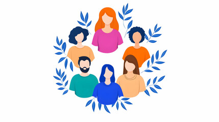 Naklejka premium Diverse group of people united in a circle, surrounded by leaves