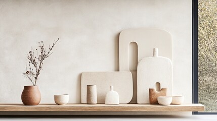 Minimalist display of earthy-toned ceramics and wooden shelf