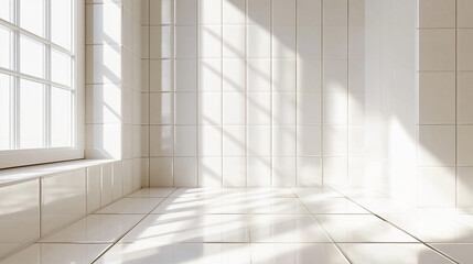 Obraz premium White tiled room bathed in sunlight, showcasing a clean, minimalist aesthetic, ideal for product display or background use. Free space for text or mockup
