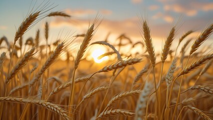 Fototapeta premium A golden wheat field stretches under a vibrant sunset, casting warm hues across the landscape